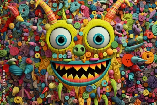 The monster on the wall is covered with candy, in the style of pop culture collages, organic sculptures, kombuchapunk, green and amber, vibrant, catcore, caninecore. Generative AI image weber. photo