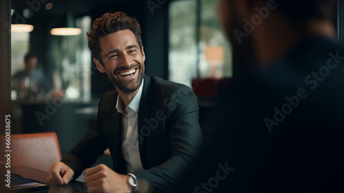 Someone talking to bank assosciate in office sitting down smiling stalking - Generative AI