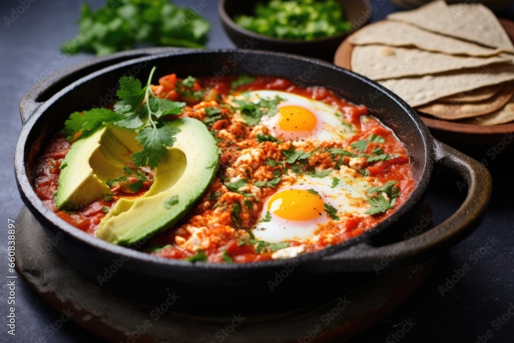 shakshuka with avocado slices on top in a grey clay dish shakshuka with avocado slices on top in a grey clay dish