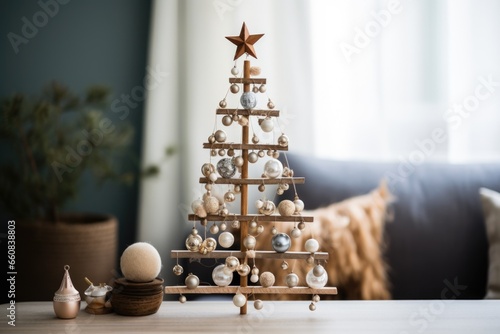 diy decorations on a small wooden christmas tree