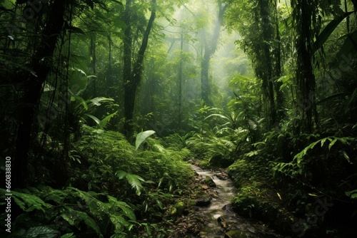 A dense, lush rainforest with minimal light. Generative AI