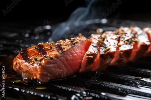 a closeup showing texture of seared tuna steak