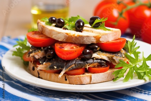 sardine sandwich with fresh tomatoes and black olives on focaccia