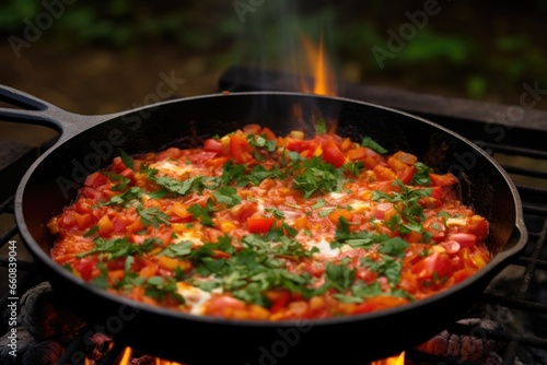 shakshuka being cooked on an outdoor campfire grill