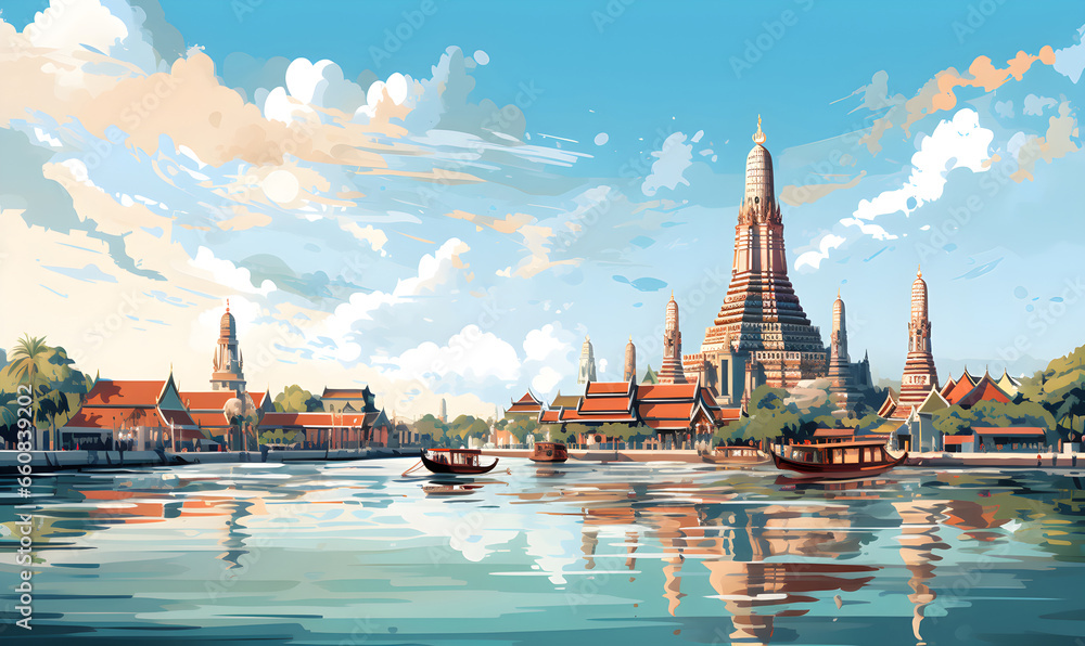 Scenery of Wat Arun, Bangkok, Thailand in illustrations, presentation images, travel image ideas, tourism promotion, postcards, generative AI - obrazy, fototapety, plakaty 
