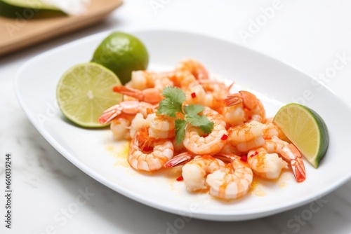 shrimp on white ceramic plate with chili and lime zest