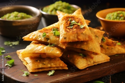 Crispy and spicy Indian triangle snack with outer layer of maida and filling of mashed potato, peas, and spices. Generative AI