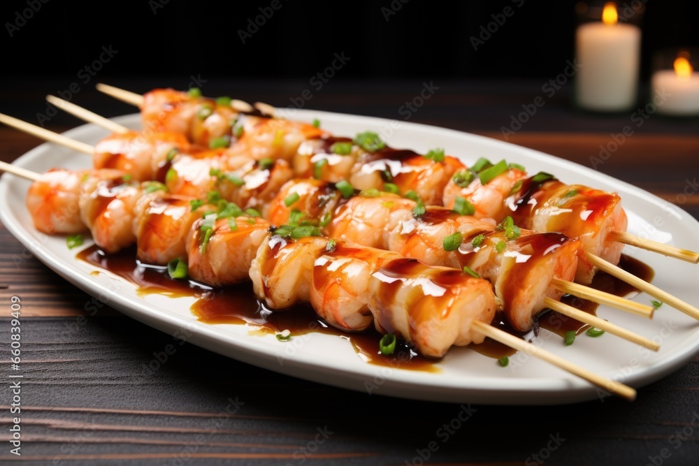 shrimp skewers on bamboo sticks with garlic butter sauce