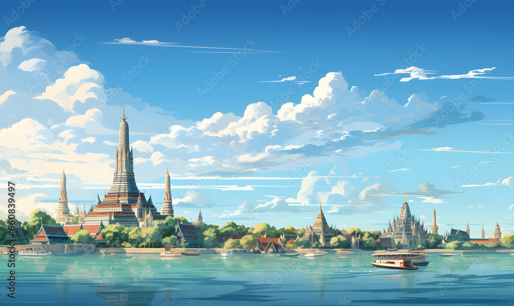 Fototapeta premium Scenery of Wat Arun, Bangkok, Thailand in illustrations, presentation images, travel image ideas, tourism promotion, postcards, generative AI