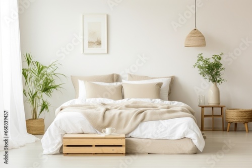 a peaceful bedroom having neutral colored linen