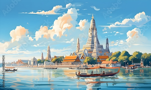 Scenery of Wat Arun, Bangkok, Thailand in illustrations, presentation images, travel image ideas, tourism promotion, postcards, generative AI photo