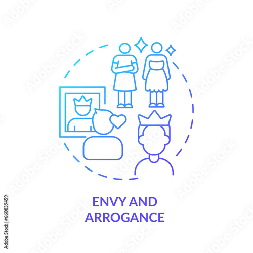 2D thin line gradient icon envy and arrogance concept, isolated vector, blue illustration representing codependent relationship.