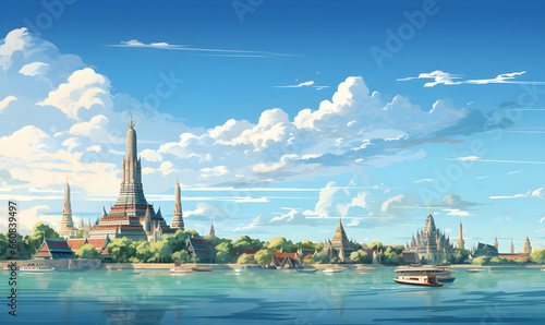 Scenery of Wat Arun, Bangkok, Thailand in illustrations, presentation images, travel image ideas, tourism promotion, postcards, generative AI