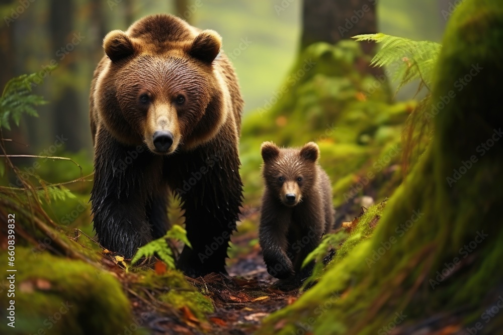 a bear cub following its mother in woodland a bear cub following its mother in woodland