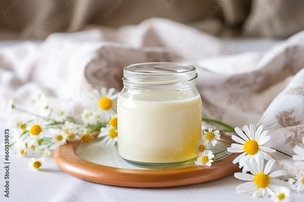 chamomile tea in a glass pot by a cream throw on a bed chamomile tea in a glass pot by a cream throw on a bed