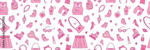Seamless fashionable pink patterns in Barbicore style. Vector illustration