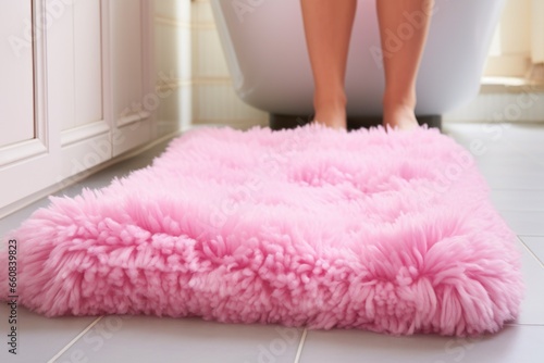 close-up of pink fluffy slippers on a white bath mat photo