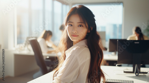 sunlit, nervous pose, facial trouble, ugly but cute, nomal asian girl in office - Generative AI