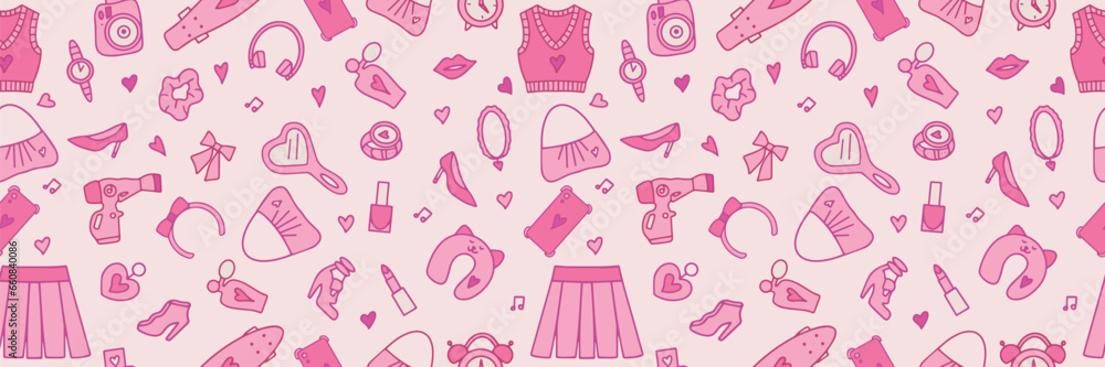 Seamless fashionable pink patterns in Barbicore style. Vector illustration