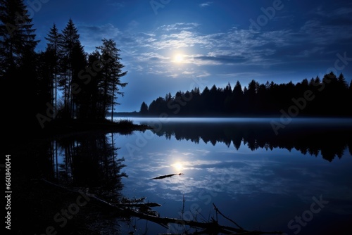 full moon illuminating a tranquil lake