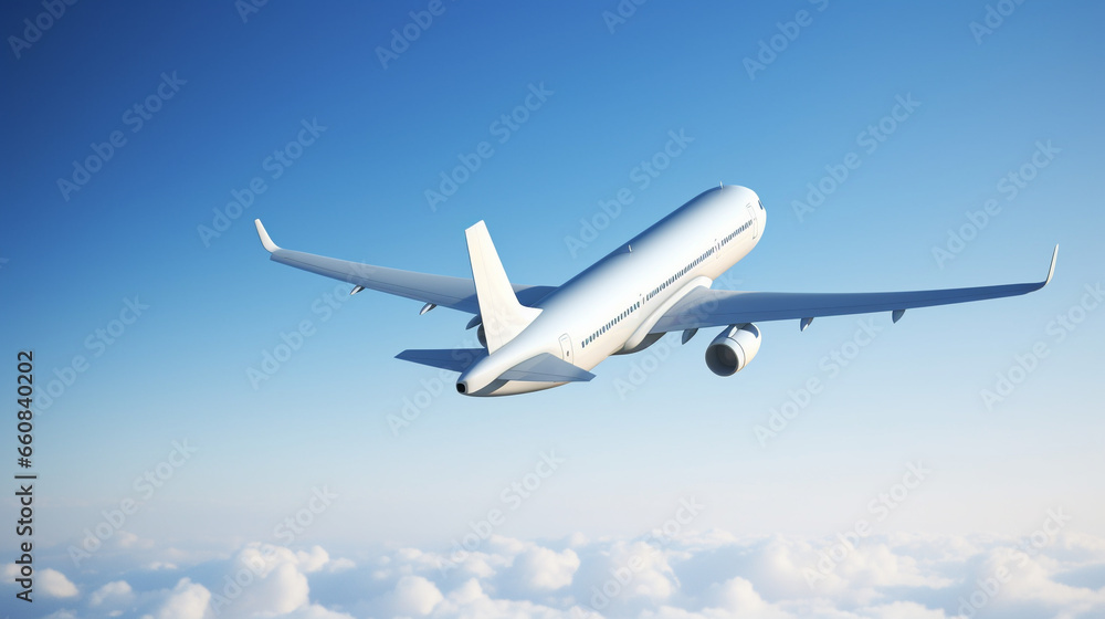 White airliner plane in flight, back shot - Generative AI White airliner plane in flight, back shot - Generative AI