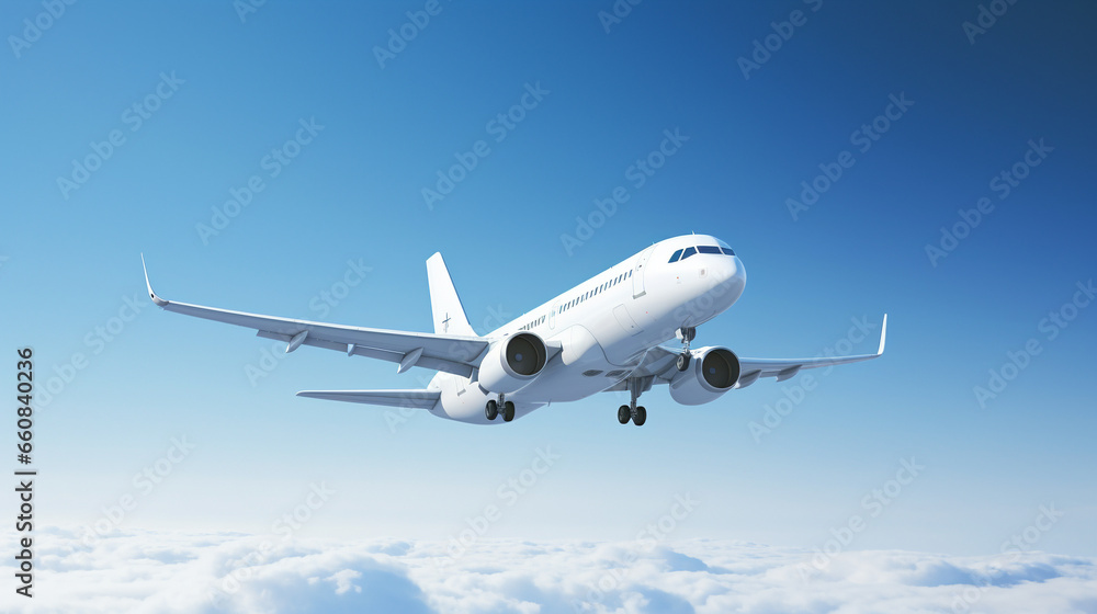 Fototapeta premium White airliner plane in flight. right flight. side shot - Generative AI