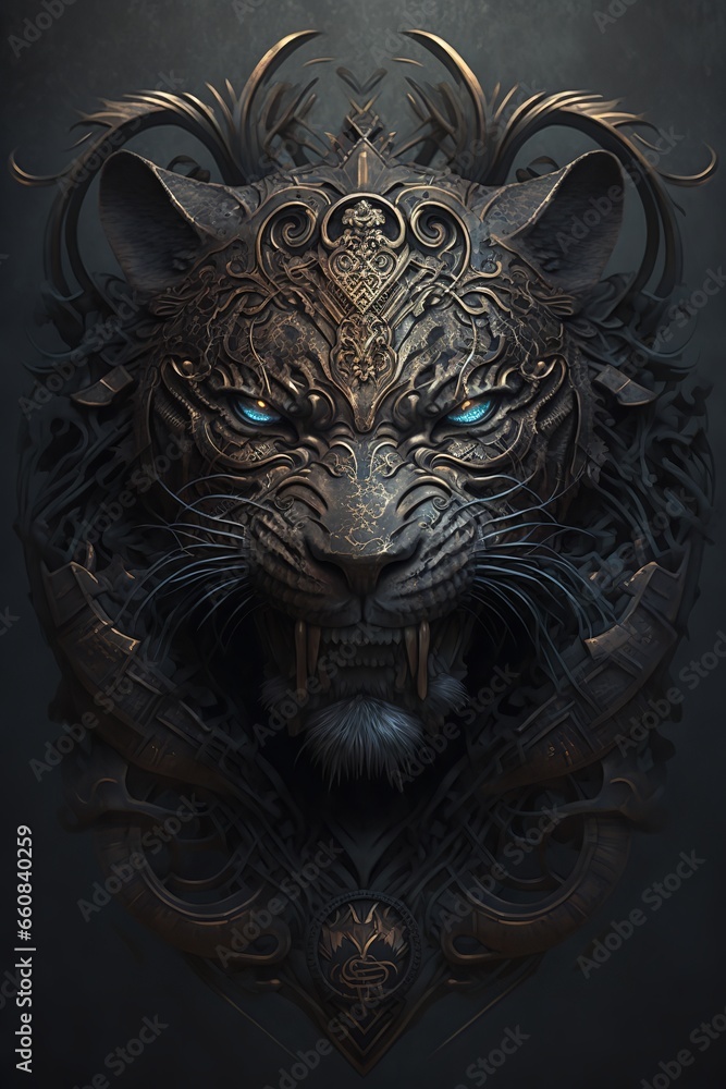 a tiger with blue eyes and a crown on its head. The tiger is sitting on a throne in a jungle setting, surrounded by lush greenery. a tiger with blue eyes and a crown on its head. The tiger is sitting on a throne in a jungle setting, surrounded by lush greenery.