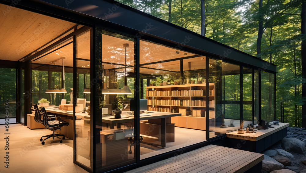 Obraz premium Eco-friendly glass office featuring sustainable building with green environment and trees