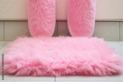 close-up of pink fluffy slippers on a white bath mat
