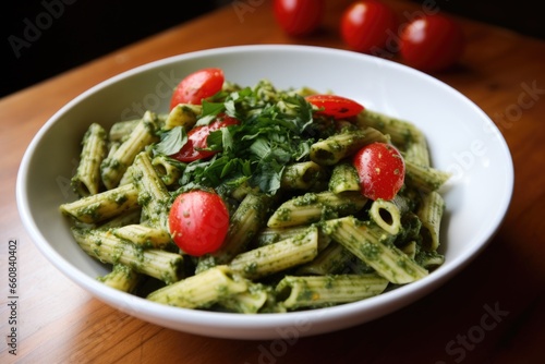 gluten-free spelt pasta tossed in housemade pesto photo