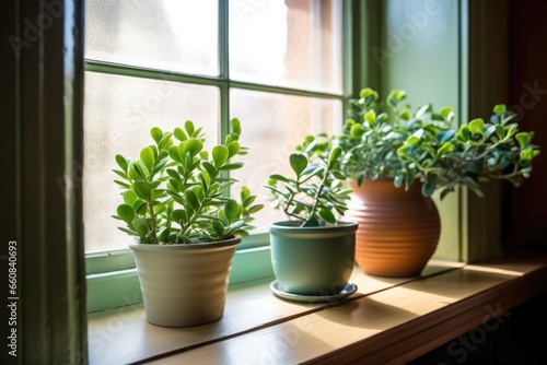small jade plants by a bright loft apartment window
