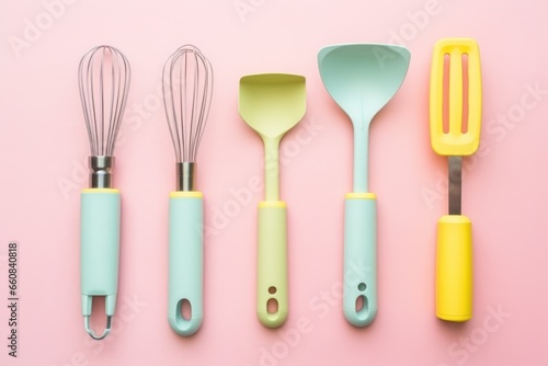flat lay of kitchen tools on a pastel surface