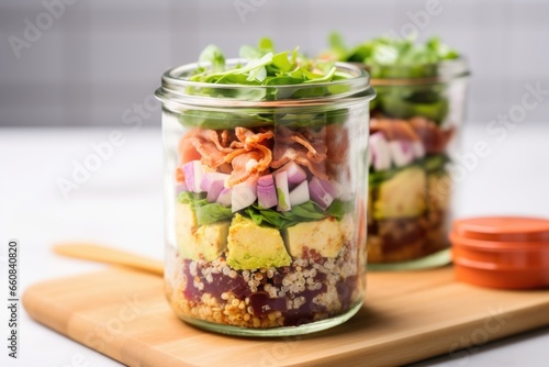 airtight glass container with layered quinoa salad for office lunch