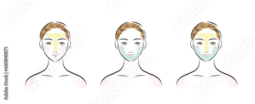 若い女性の顔のカラーイラスト1　スキンケアの部位