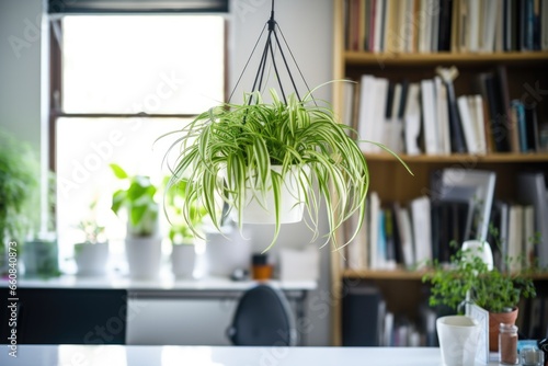 spider plant hanging above brightly lit workspace