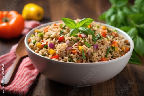 a bowl of brown rice with an array of colorful veggies