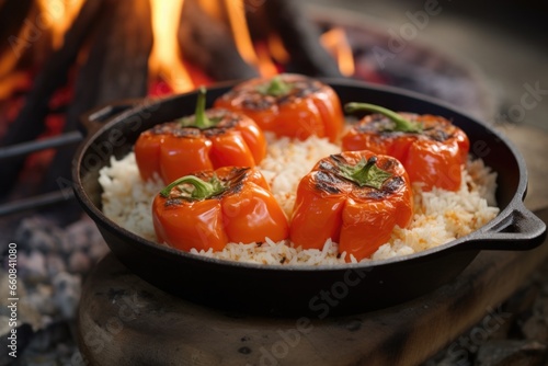 red bell peppers stuffed with rice over open fire