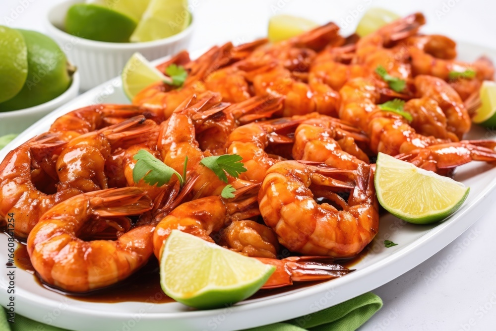 a platter of bbq shrimp garnished with lime wedges a platter of bbq shrimp garnished with lime wedges