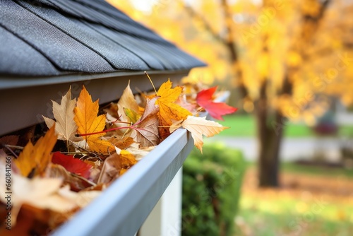 sweeping leaves from a homes exterior gutter