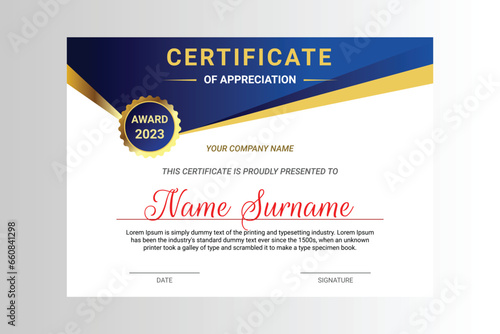 Certificate of achievement template with blue and gold color. Vector illustration