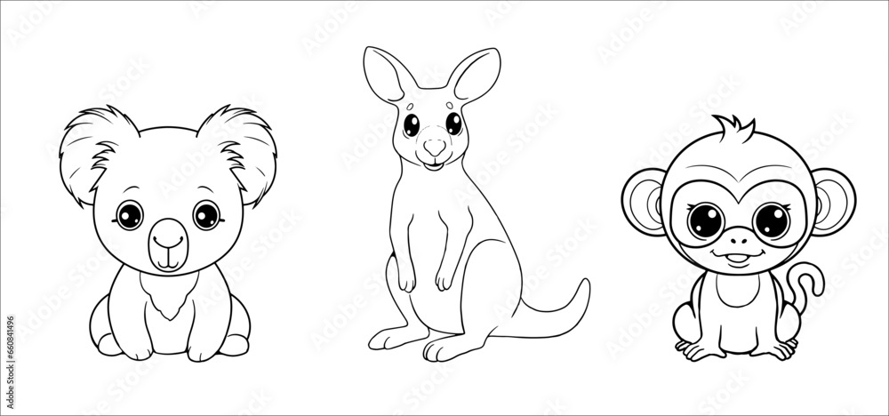 Cute funny monkey, koala and kangaroo for coloring. Vector template for a coloring book with funny animals. Colouring page for kids.	