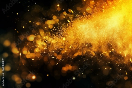 Vibrant, energetic, abstract motion of yellow particles with magical glow and blur effects on an abstract background. Generative AI