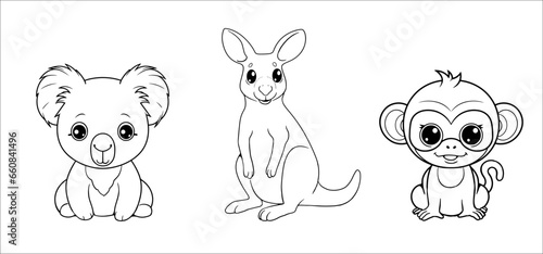 Cute funny monkey, koala and kangaroo for coloring. Vector template for a coloring book with funny animals. Colouring page for kids.	