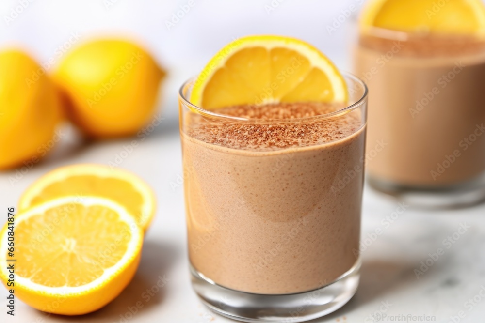 glass of flaxseed smoothie with a slice of citrus on the rim glass of flaxseed smoothie with a slice of citrus on the rim