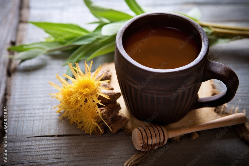 dandelion root tea in a rustic mug on stoneware dandelion root tea in a rustic mug on stoneware