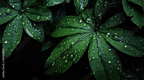 Glistening raindrops enhance the appearance of dark leaves against a deep black backdrop.