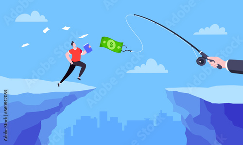 Fishing money chase business concept with businessman running after dangling dollar jumps over the cliff. Working hard and always busy in the loop routine flat style design vector illustration.
