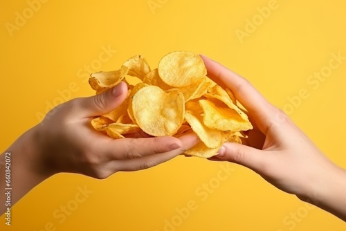 Two hands picking up a handful of potato chips in the air photo