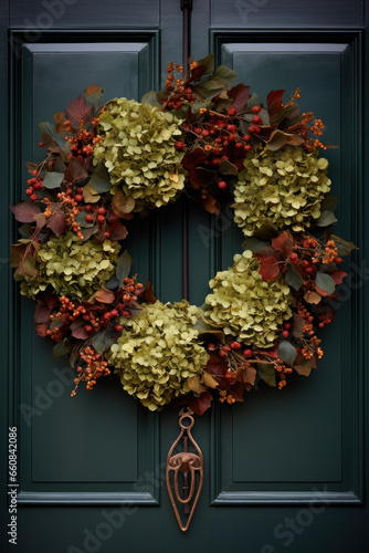 A wreath of dry hydrangea and autumn leaves on a green front door. Thanksgiving decor. © July P