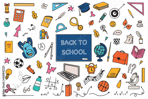 Background of school icons in doodle style. School education. Back to school doodle drawing. Vector illustration